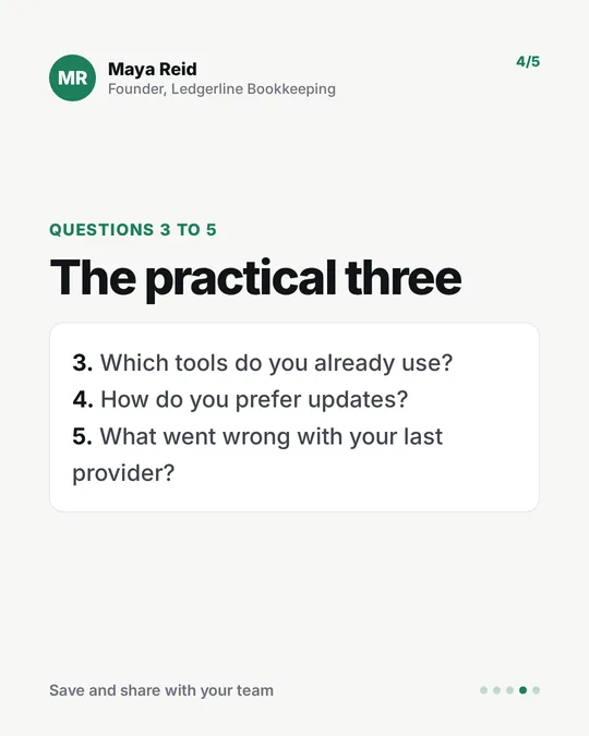 Onboarding questions sample carousel, slide 4 of 5