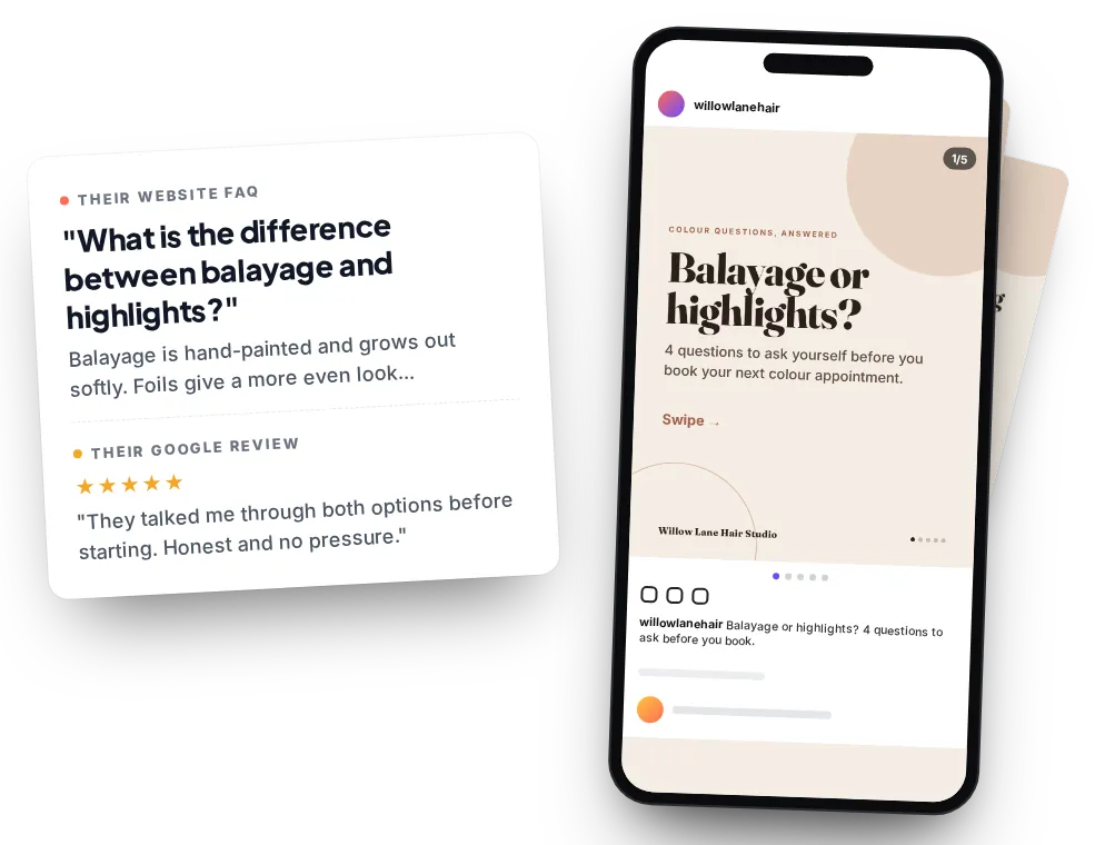 A salon's website FAQ and a real review turned into an Instagram carousel post