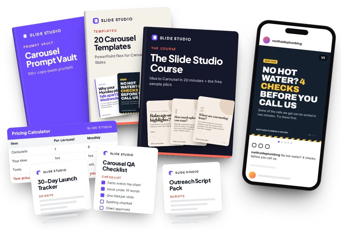 Slide Studio course, prompt vault, 20 templates, scripts, calculator and checklists